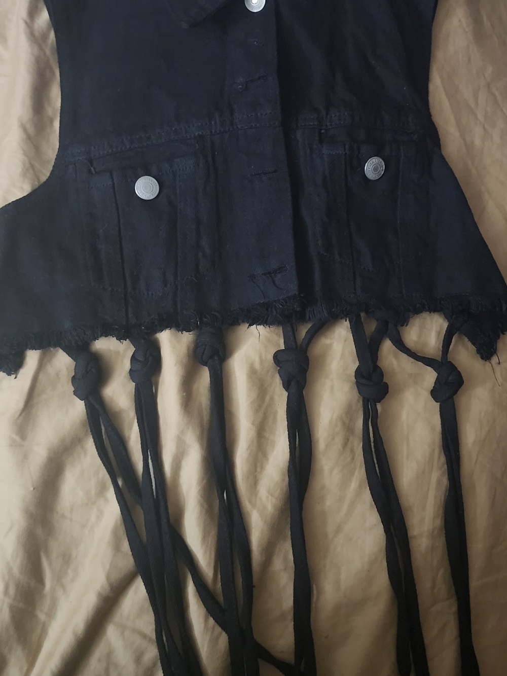 Thrill Black Cropped Fringe Tie-Front Vest